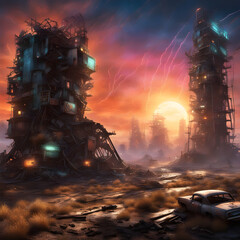 Atompunk destroyed retrofuturistic city