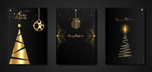 Merry Christmas gold collection, black set template, holiday tree and xmas elements, stars e baubbles. Golden luxury frames ideal for greeting card, poster or web design, vertical black background 