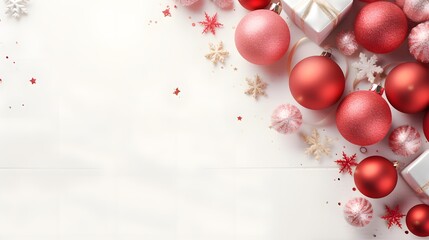 Christmas and New Year holiday background. Xmas greeting card. Christmas gifts on white background top view. Noel. Flat lay