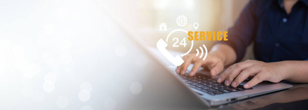Nonstop Customer Service 24 hr concept. Business people working on laptop virtual 24-7 with the clock worldwide nonstop and full-time available contact of service concept
