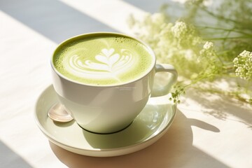 Obraz na płótnie Canvas Sunny Serenity: Matcha Latte with Latte Art on White Table