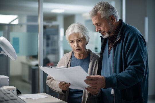 Navigating Uncertainty: Elderly Couple Reviewing Documents In A Hospital, Confronting A Challenging Diagnosis Or Unexpected Financial Strain