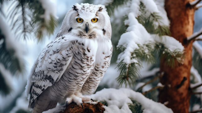 Snowy Owl, Bubo Scandiacus, perched on a post making eye contact with piercing yellow eyes. Light snowfall