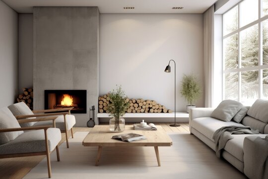 Interior design of scandinavian living room with fireplace and gray sofa. Generative AI