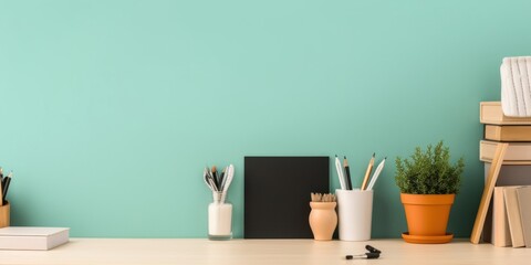 Creative desk with a picture frame or poster space, desk objects, office supplies, books, and plant on a pastel green background, Generative AI