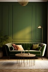 Green velvet sofa and armchair against of green wall. Interior design of classic living room. Generative AI
