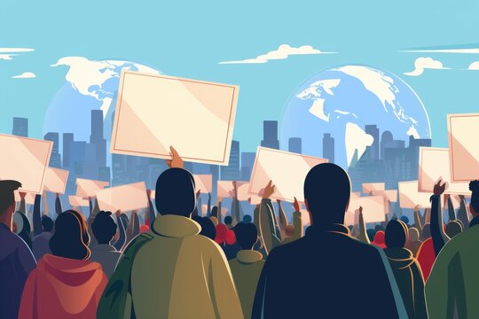 flat illustration of Peoples crowd holding blank empty banners. Rear view