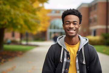 Fall Beginnings: Portrait of a Smiling Young Black Student on College Campus, Eager and Ready to Embark on the School Year Ahead