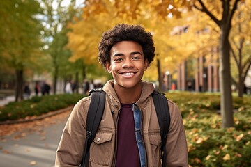 Fall Beginnings: Portrait of a Smiling Young Black Student on College Campus, Eager and Ready to Embark on the School Year Ahead