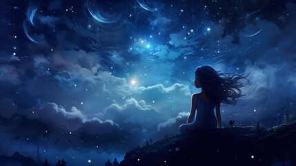 Obraz na płótnie Canvas 夜空を眺める少女