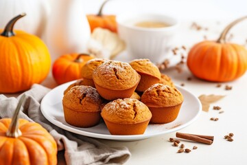 Autumn Temptations: Homemade Pumpkin Muffins, Freshly Baked and Irresistible, A Delightful Fall Dessert or Snack Idea on a White Table