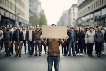 Man with group of males protesters crowd holding blank banners