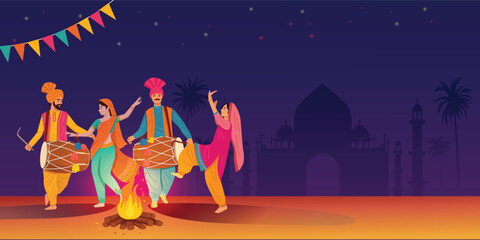 Indian man and woman in traditional dress performing folk dance on Lohri Festival - obrazy, fototapety, plakaty