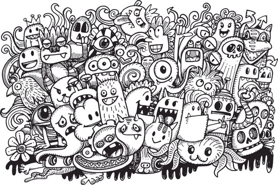 Vector illustration of Doodle cute monster,Hand drawn cartoon illustration,Funny Doodle Hand Drawn,Page for coloring.