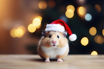Fototapeta na wymiar Hamster in santa hat and christmas tree with bokeh background