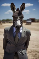 Zelfklevend Fotobehang donkey animal in the form of a man in a suit and sunglasses, a joke on the boss, director, generative ai © vladischern