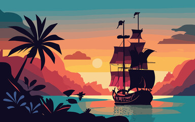 Illustration old ship with waves in style retro design