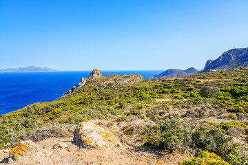 Naklejka premium View of the landscape and the Mediterranean Sea from a mountain on the Greek island of Kos. 