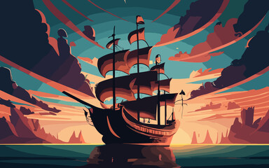 Illustration old ship with waves in style retro design - obrazy, fototapety, plakaty