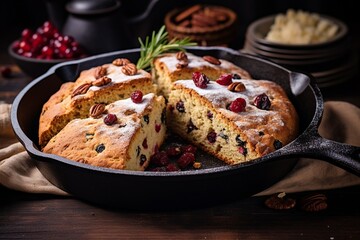 Rustic Elegance: Soda Bread with Cranberries and Pecans Baked to Perfection in a Cast Iron Pan, a Nutty and Fruity Delight