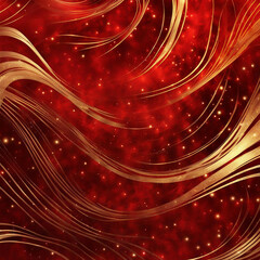 Fototapeta na wymiar Abstract Christmas red waved pattern with some bright sparse lighted gold curves, watercolor surface and small intricated nuanced ripples