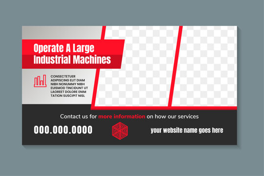 operate a large industrial machines banner design web template, Horizontal header page. red black element colors. photo space, cover background for website, Social Media ads, flyer, invitation card