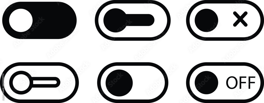 Poster black off toggle switch buttons icons set. switch toggle button off elements. close and inactive vec