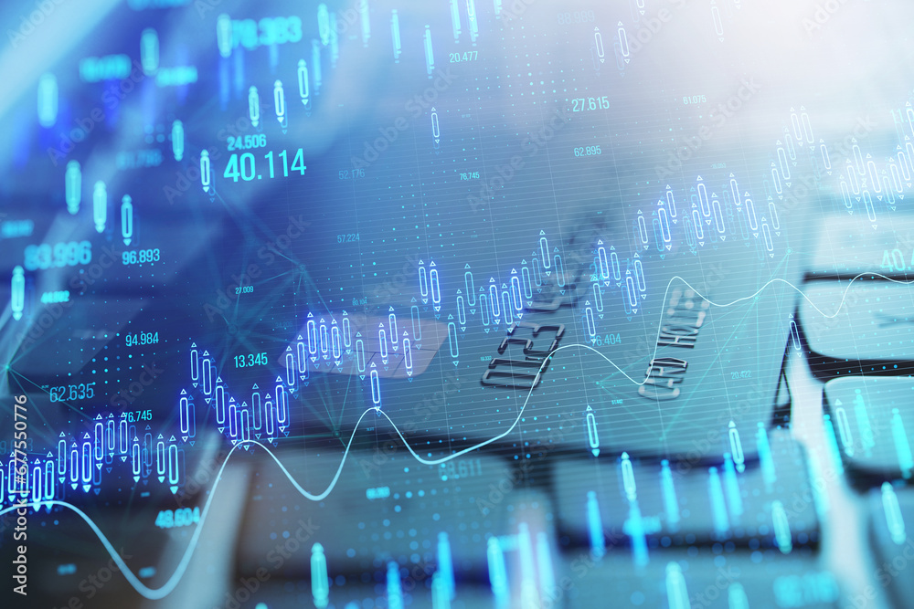 Poster Close up of laptop computer keyboard and bank card on desk with glowing candlestick forex chart on blurry background. Stock market, analysis and investment concept. Toned image. Double exposure.