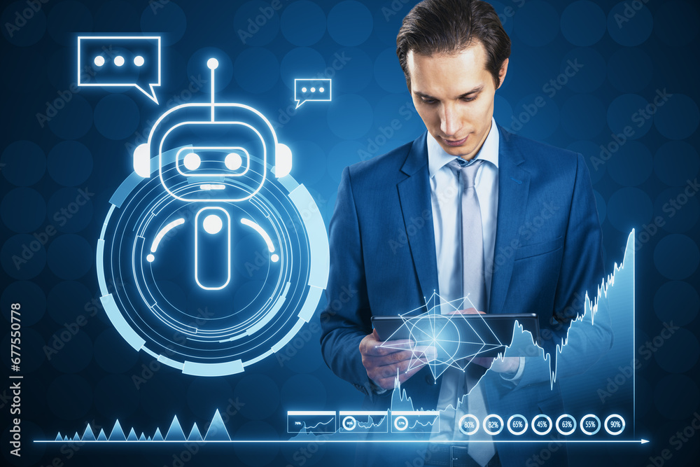 Poster attractive young european businessman using pad with glowing robot and chart hologram on blue backgr
