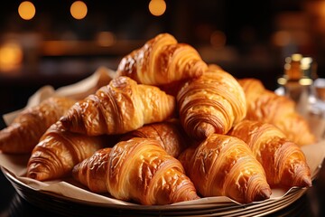 Golden croissants in a basket with warm background lighting