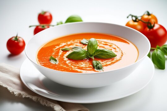 Simplicity in a Bowl: Tomato Soup Served on a White Table, Garnished with Fresh Basil Leaves for a Burst of Flavor and Freshness