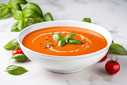 Simplicity in a Bowl: Tomato Soup Served on a White Table, Garnished with Fresh Basil Leaves for a Burst of Flavor and Freshness