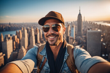 Ein junger hübscher Mann macht ein Selfie von sich. Er trägt Freizeitkleidung eine Kopfbedeckung und eine Sonnenbrille. Im Hintergrund ist die Skyline von New York. - obrazy, fototapety, plakaty