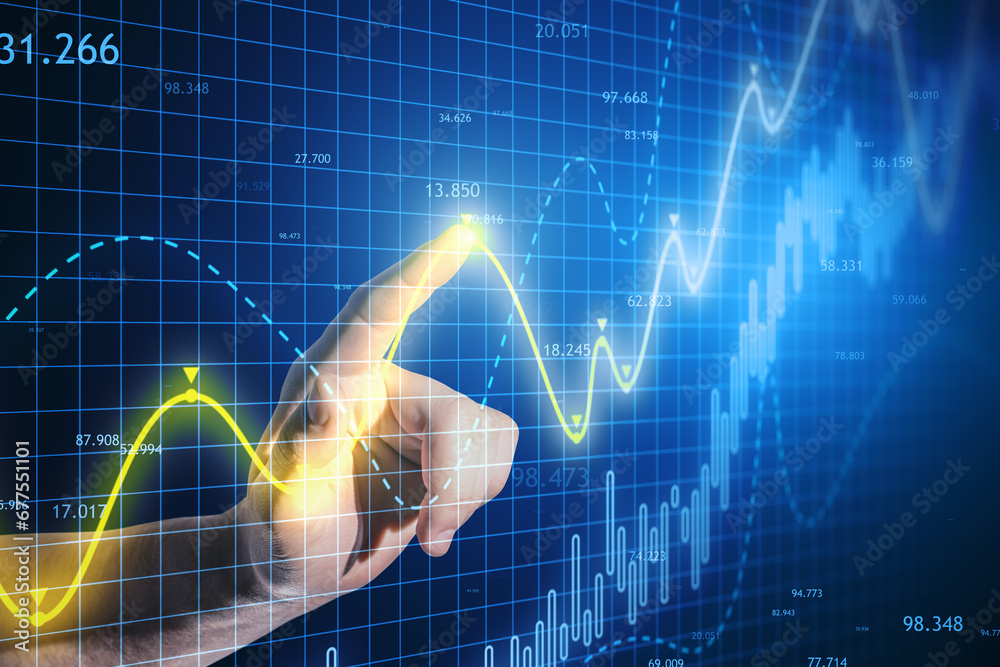 Poster finger touching peak of digital growth chart with glowing lines
