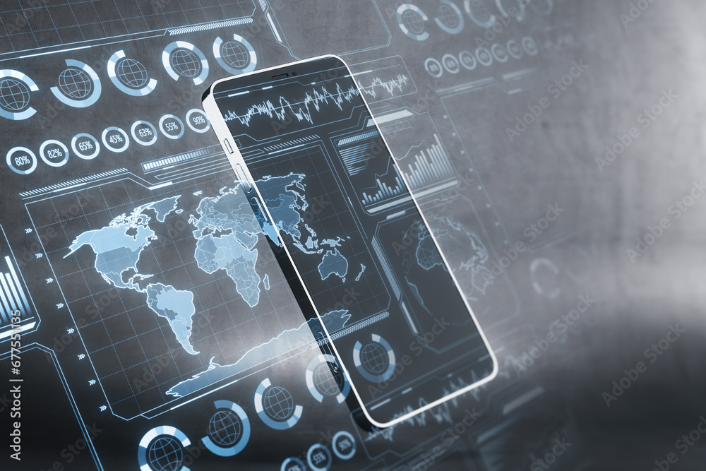 Poster Close up of smartphone with glowing digital business charts and map interface on blurry gray background. Military control, warfare and spy concept. 3D Rendering.