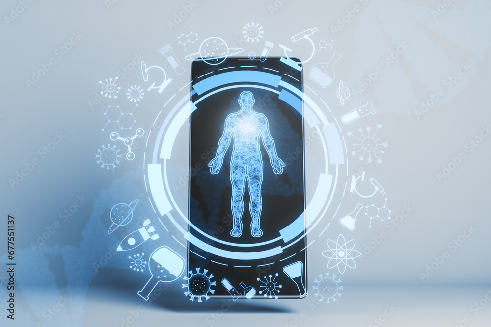 Poster close up of smartphone with round medical interface with human body outline and healthcare icons on 