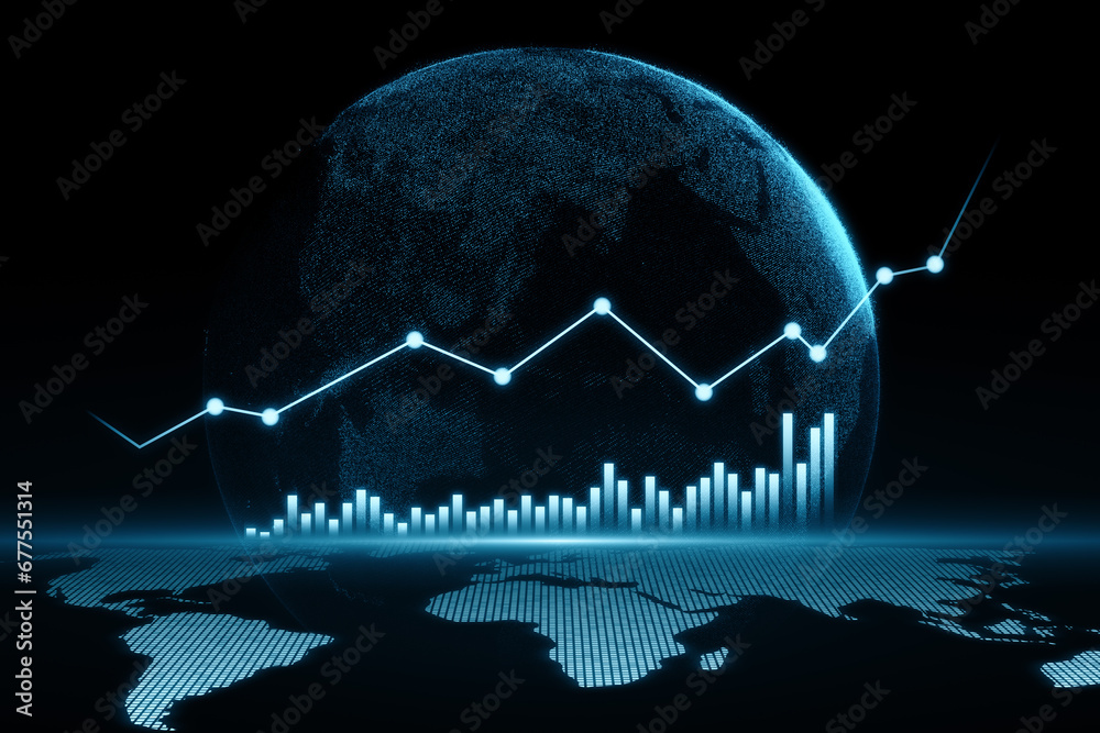 Poster global economy trend with forex graphs and world silhouette. 3d rendering