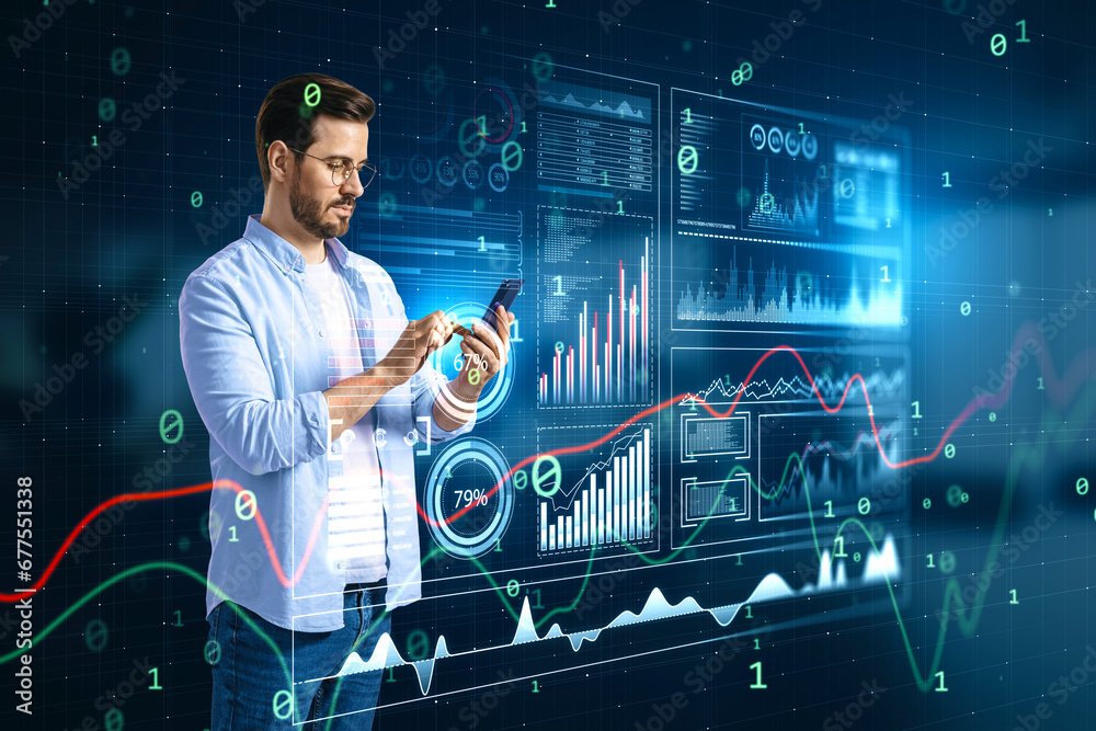 Aufkleber Man using smartphone with financial holographic display