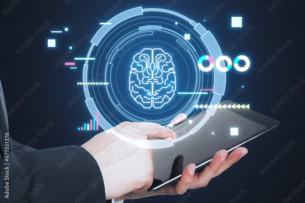 Poster glowing round brain hologram on blurry background. Artificial intelligence, chat GPT, bot assistant and machine learning concept.