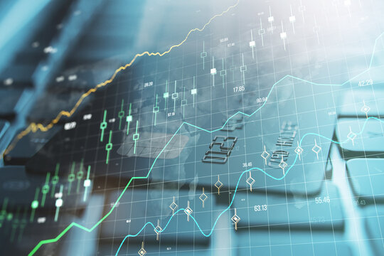 Close up of laptop keyboard and bank card with glowing forex chart and grid on blurry background. Stock, financial growth and trade concept. Double exposure.