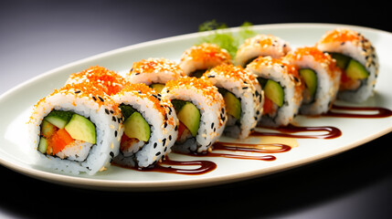 Delicious sushi rolls. sushi rolls with rice, avocado and fish
