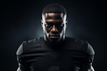 Studio portrait of professional American football player in black uniform without helmet. Determined, powerful, skilled African American athlete preparing to win the game. Isolated in black background