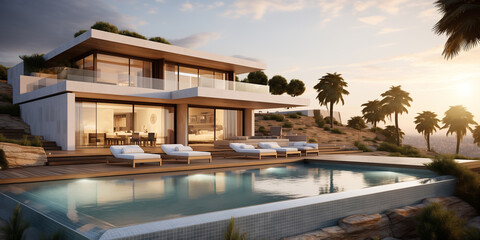 Obraz premium Luxurious modern holiday home with swimming pool. Sun loungers, relaxing holiday
