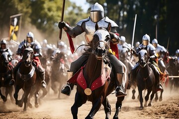 Knights Engaged In Fierce Battle On Horseback - obrazy, fototapety, plakaty