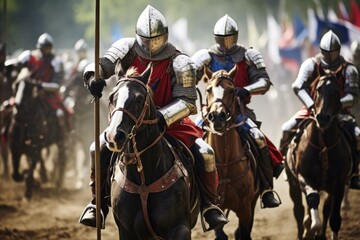 Knights Engaged In Fierce Battle On Horseback - obrazy, fototapety, plakaty