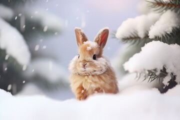 Little Bunny As Santa Claus On Snowy Christmas Tree Background
