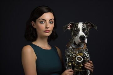 Portrait Of Woman With Her Robotic Metal Dog