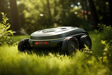 Robotic Lawnmower Effortlessly Maintains Beautiful Garden Lawn - obrazy, fototapety, plakaty
