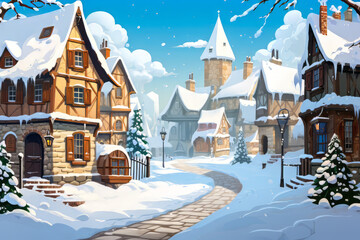 Cartoon Winter Village.  Generated Image.  A digital illustration of a quaint, cartoon village in winter.