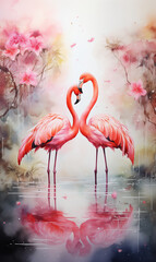 cute flamingo lovers on pink background, valentines day concept